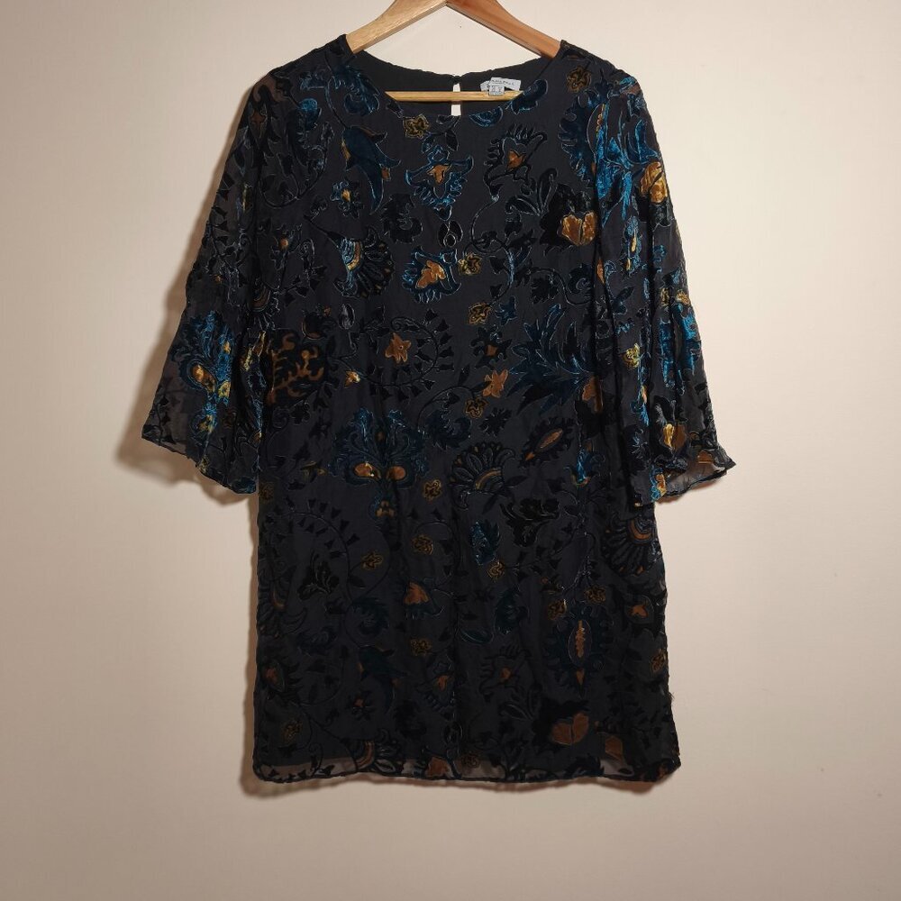 Carolina Belle Velvet Burnout Floral Bell Sleeve Shift Dress sz 8 Black Teal